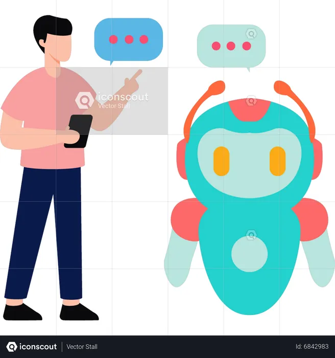 Jovem falando com robô  Ilustração