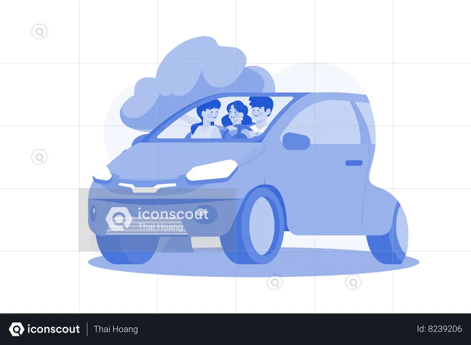 Família jovem sentada em um carro com  Ilustração