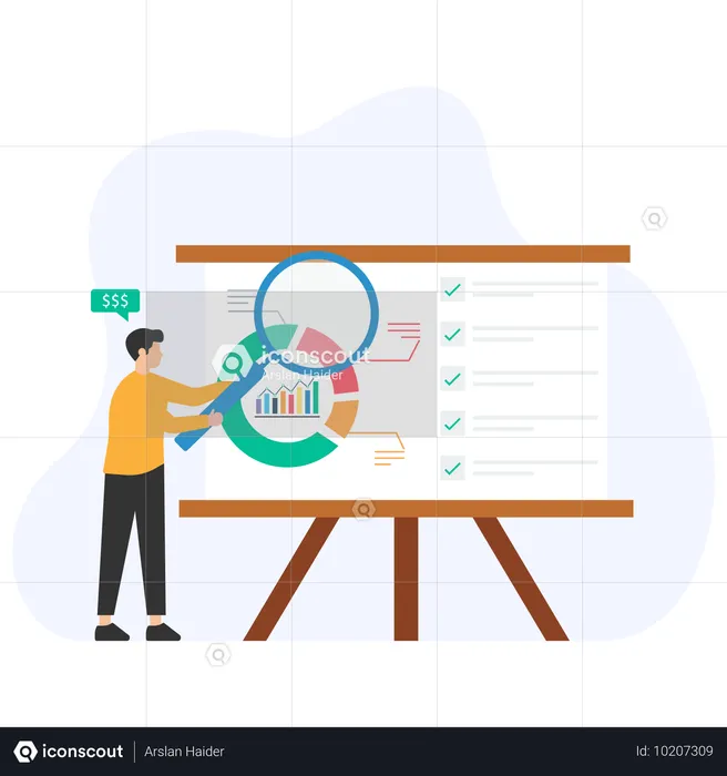 Jovem fazendo pesquisa de Declarações de Mercado  Ilustração