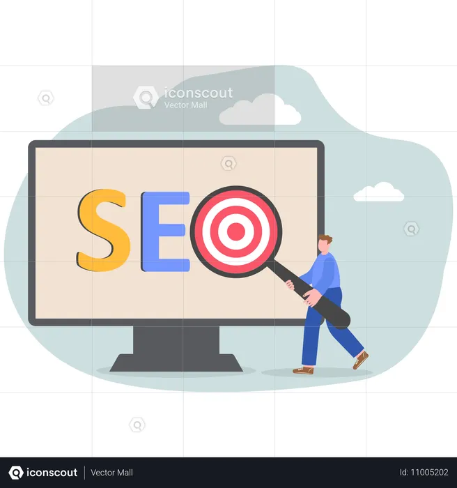 Jovem fazendo pesquisa de SEO com alvo de SEO  Ilustração