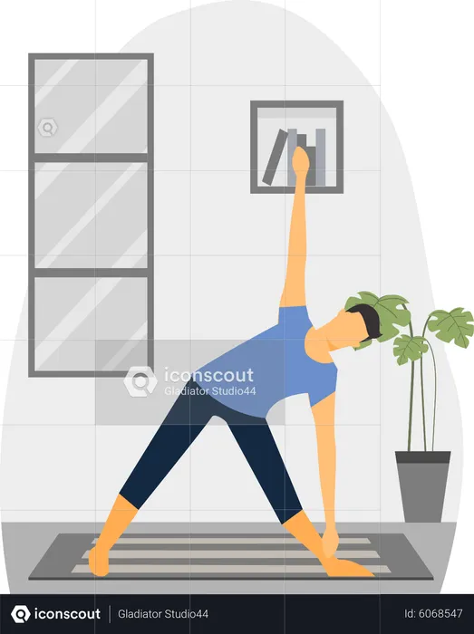 Jovem fazendo Trikonasana na sala de estar  Ilustração