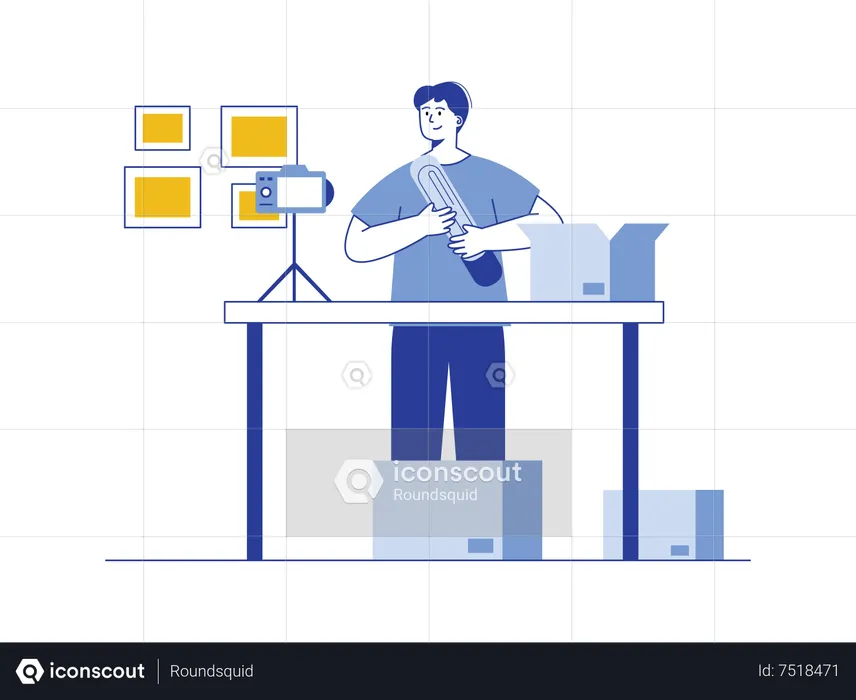 Jovem fazendo vídeo promocional de unboxing ao vivo  Ilustração