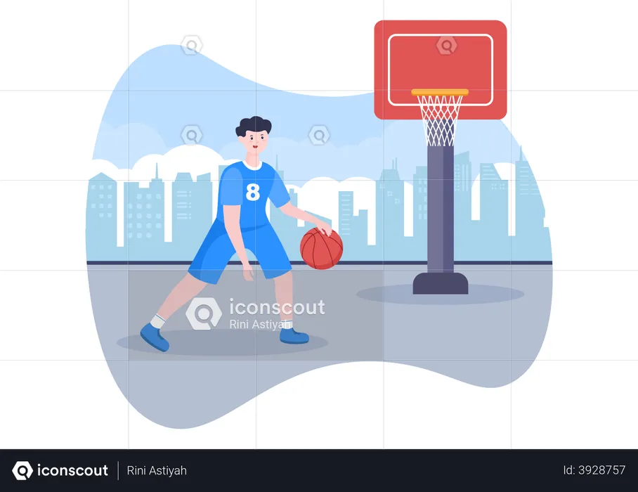 Jovem feliz jogando basquete  Ilustração