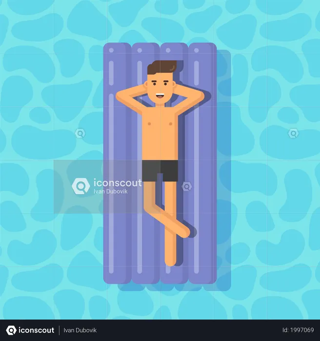 Jovem flutuando em um colchão na piscina  Ilustração