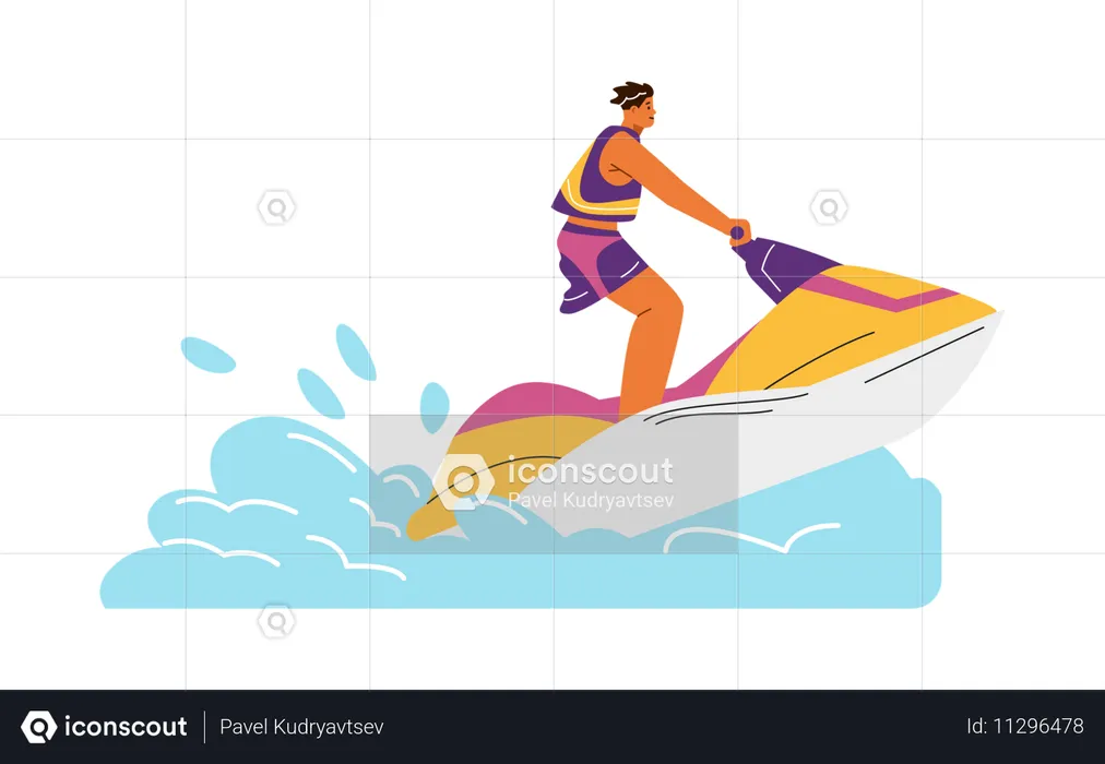 Jovem flutuando em um jet ski com um colete salva-vidas  Ilustração