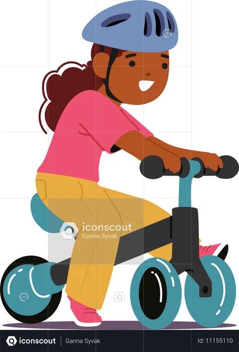 Jovem Garota Em Uma Bicicleta Azul Com Detalhes Rosa E Amarelos. Personagem De Criança Negra De Desenho Animado Usa Um Capacete Azul  Ilustração