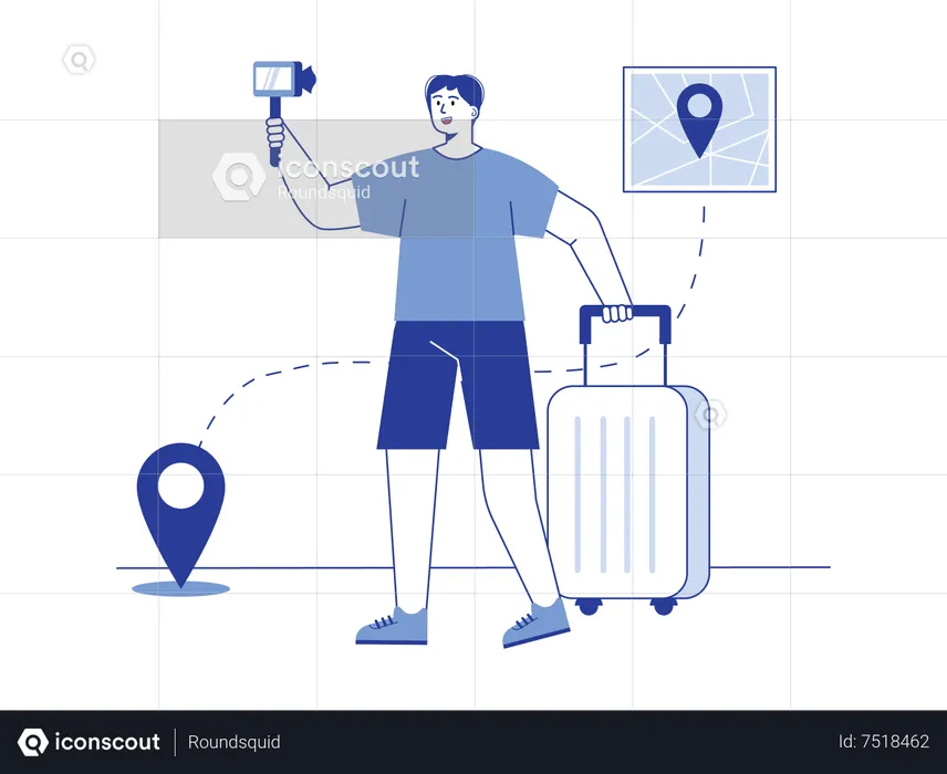 Jovem gravando vídeo ao vivo enquanto viaja  Ilustração