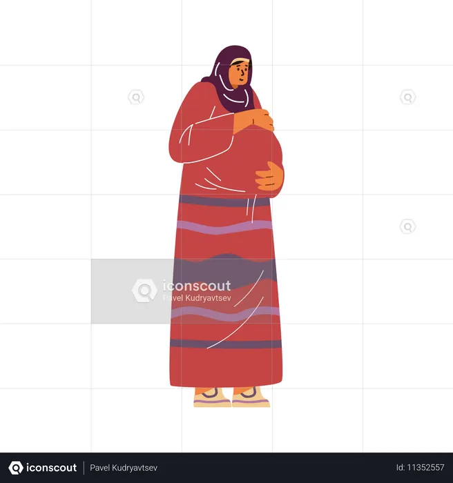 Jovem grávida feliz usando hijab acariciando sua barriga  Ilustração