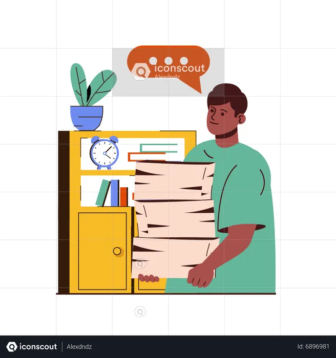 Jovem segurando documentos de escritório  Ilustração