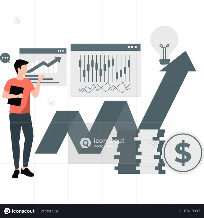 Jovem mostrando gráfico de alta do mercado de ações  Ilustração