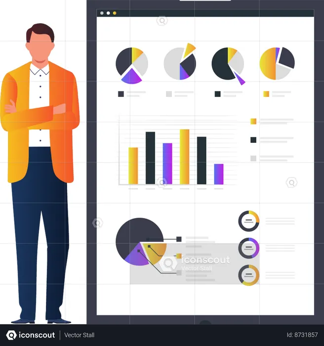 Jovem mostrando vários gráficos de negócios  Ilustração