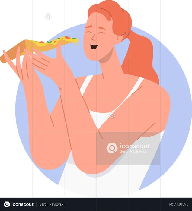 Jovem comendo uma deliciosa fatia de pizza fast food italiano com prazer  Ilustração