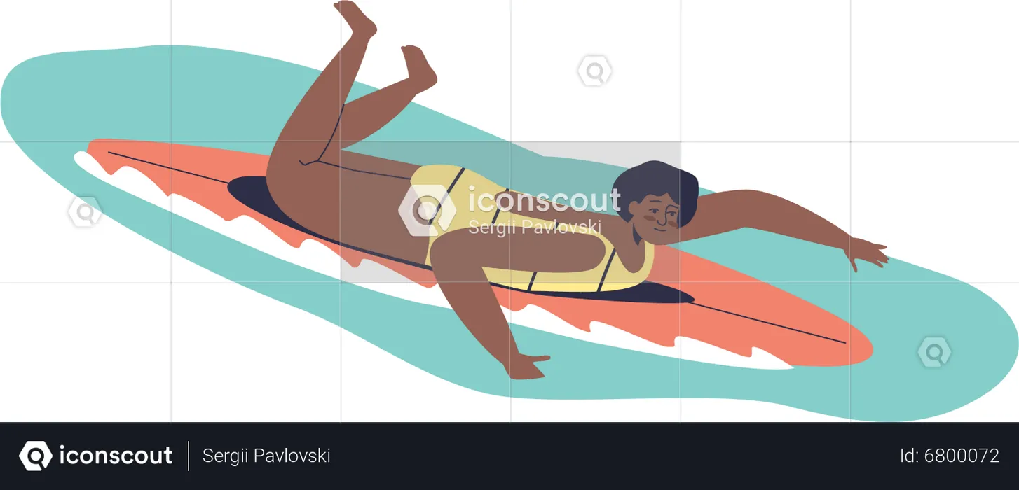 Jovem fêmea deitada na prancha de surf surfando na onda  Ilustração