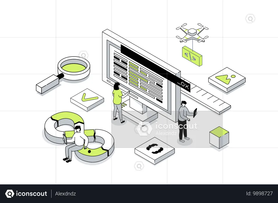 Jovem e homem trabalhando em DevOps  Ilustração