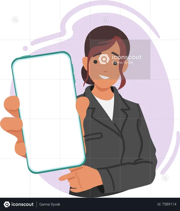 Mulher jovem em traje formal exibindo a tela do smartphone  Ilustração