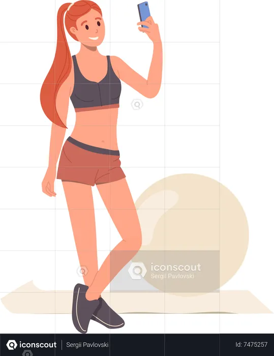 Jovem mulher magra com figura perfeita tirando uma selfie tirada pela câmera do telefone após treinar com bola em forma  Ilustração