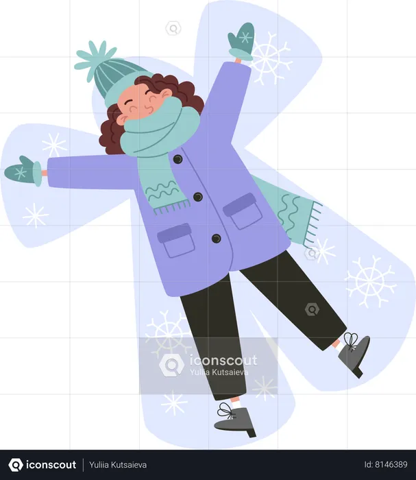 Mulher jovem fazendo anjo de neve  Ilustração