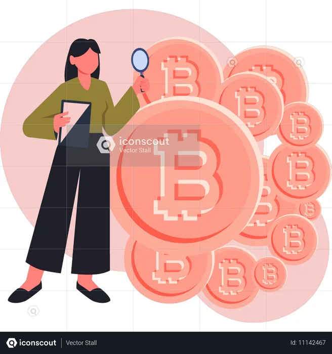 Jovem mulher procurando bitcoin  Ilustração