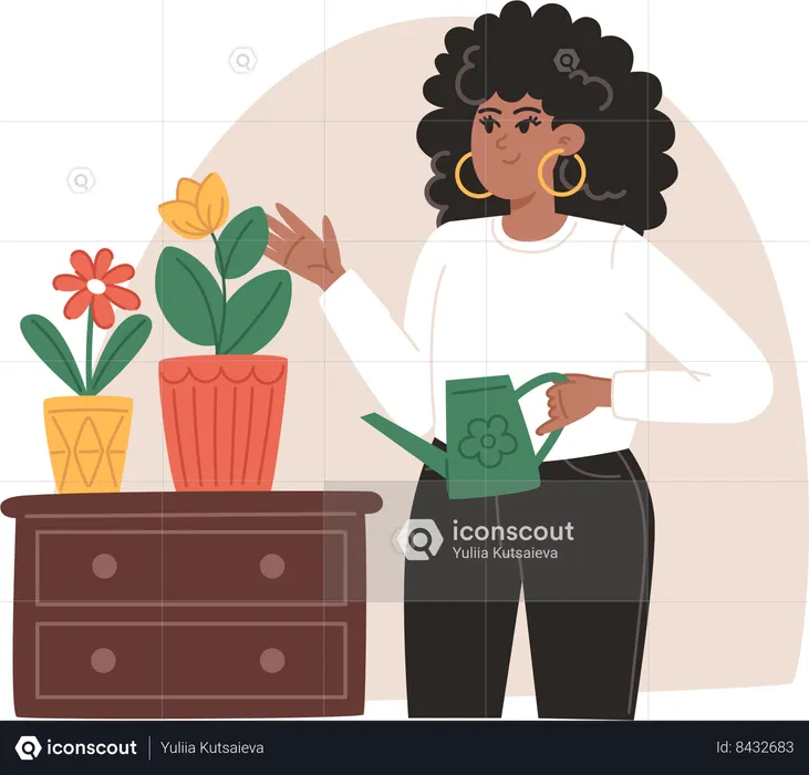 Jovem regando flores em vasos  Ilustração