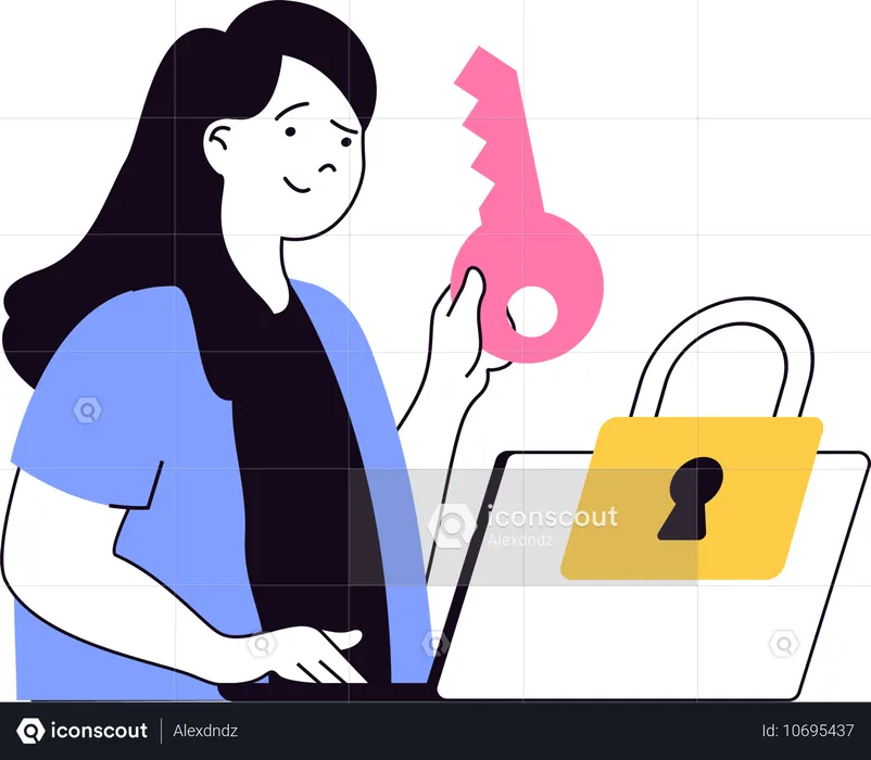 Jovem mulher segurando a chave de segurança do laptop  Ilustração