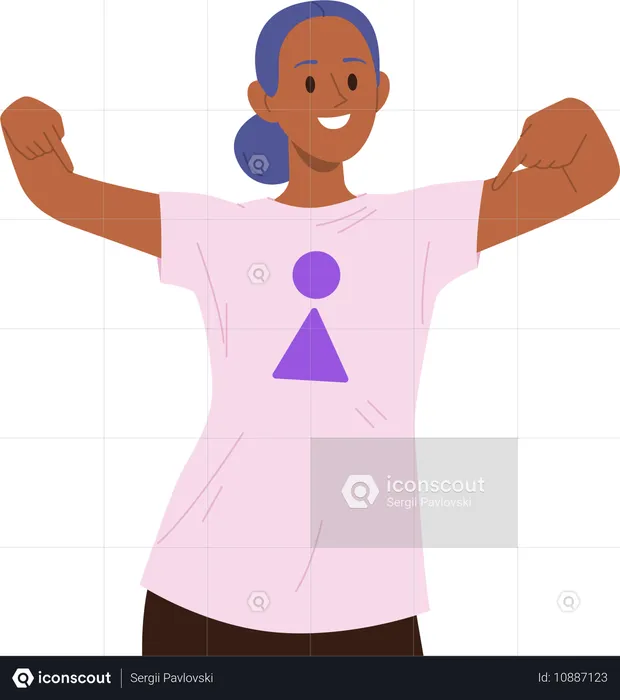 Jovem mulher se sentindo orgulhosa apontando o dedo para o sinal de gênero feminino na camiseta  Ilustração