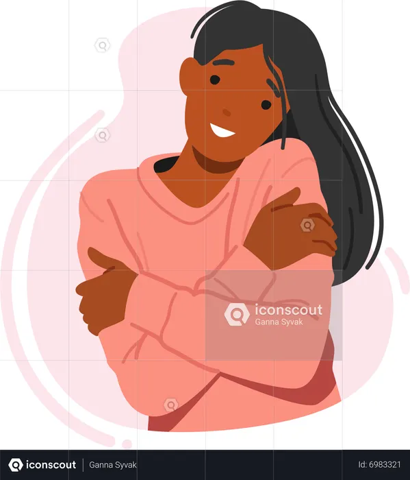 Jovem mulher sorridente se abraçando  Ilustração