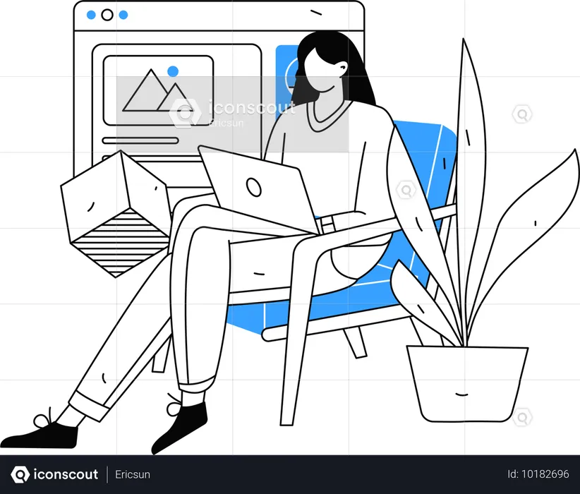 Jovem mulher trabalhando em laptop para web design em casa  Ilustração