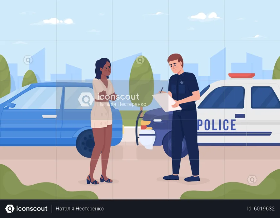 Jovem mulher irritada parada por policial  Ilustração