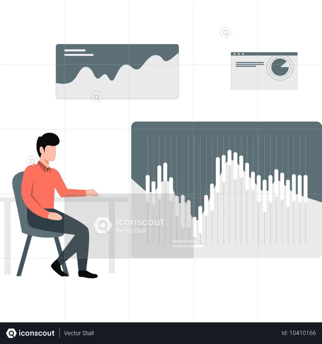 Jovem olhando gráfico de análise de investimento  Ilustração