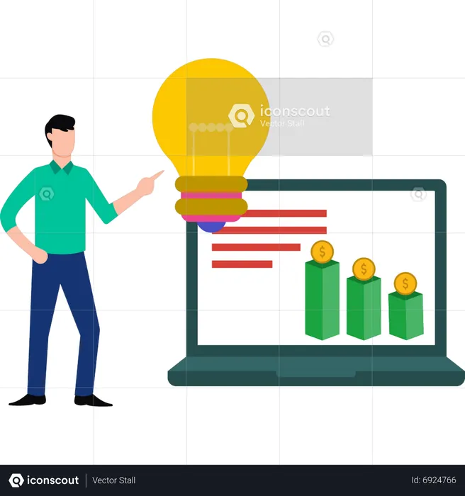 Jovem olhando para o gráfico do dólar  Ilustração