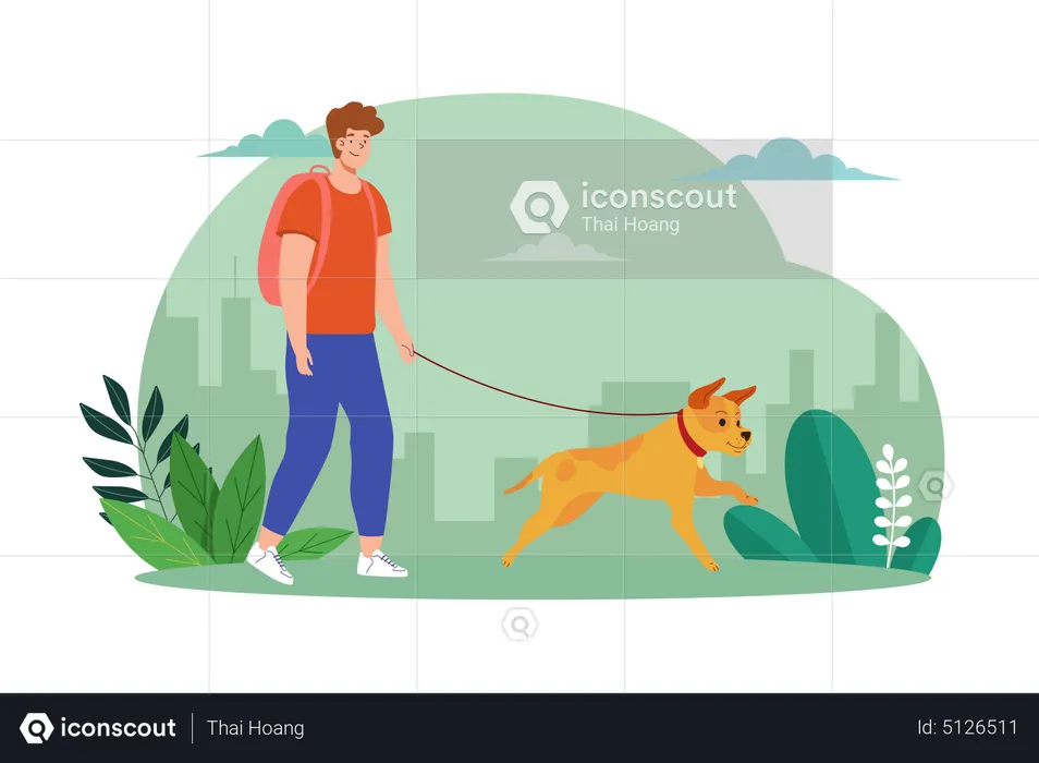 Jovem andando com cachorro fofo  Ilustração