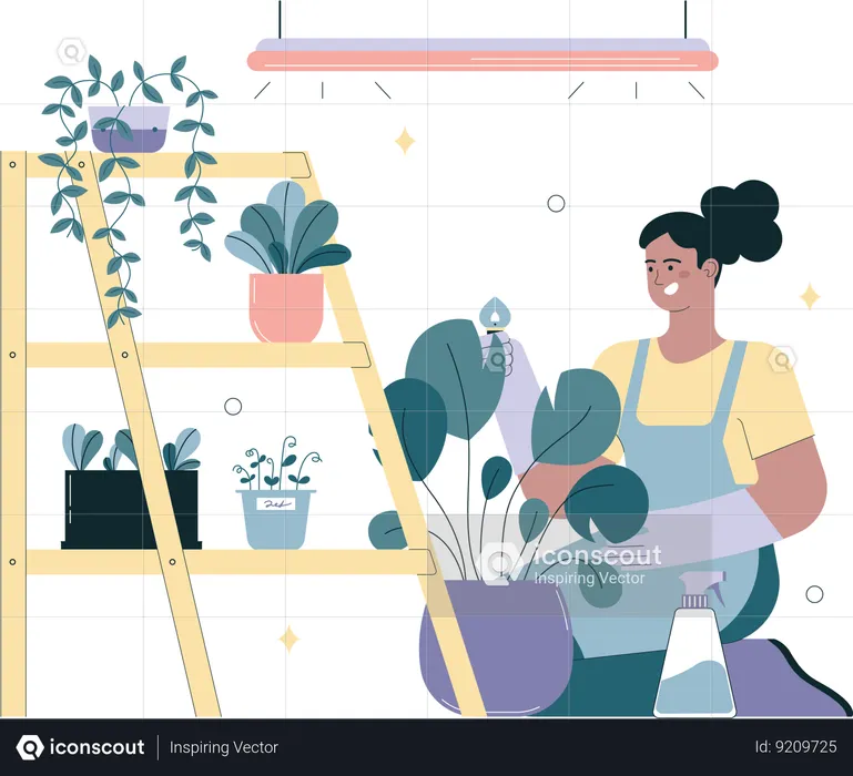 Mulher jovem plantando e regando plantas  Ilustração