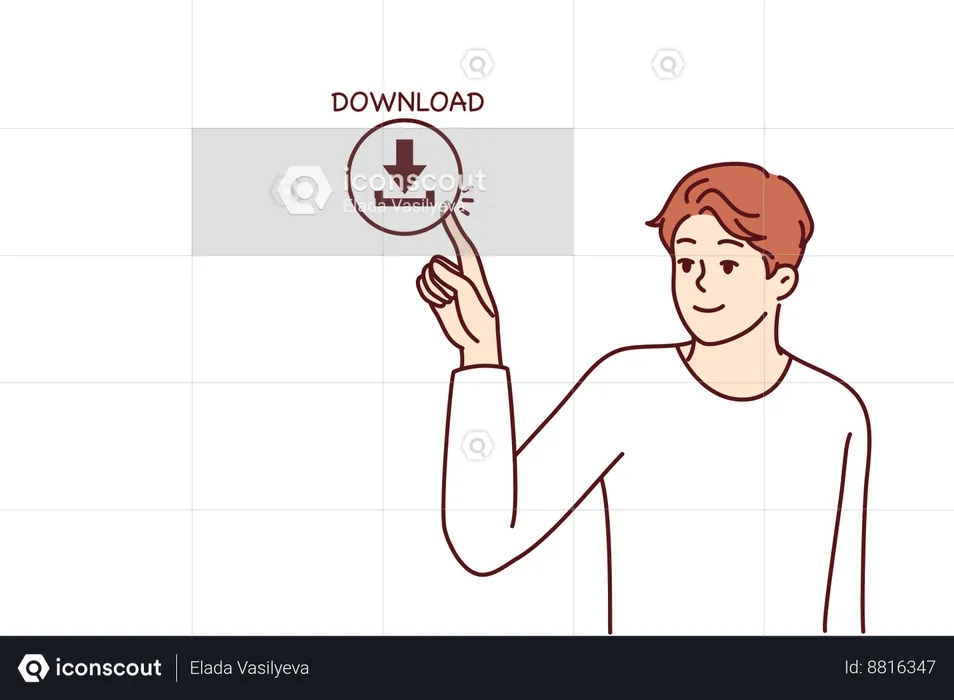 Jovem pressiona botão de download na tela  Ilustração