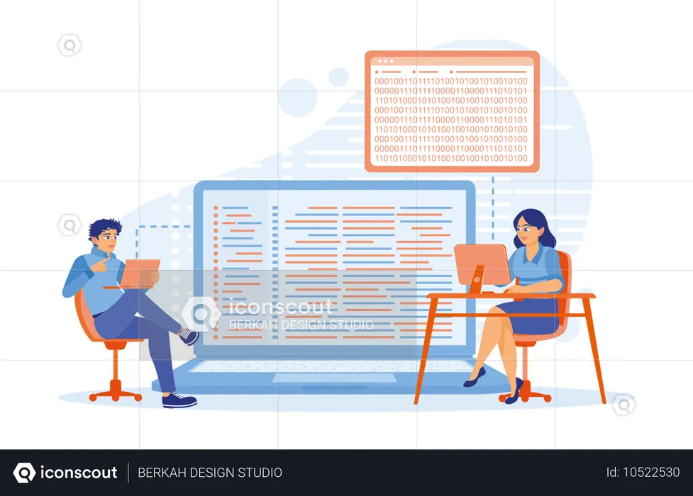 Jovem programador de TI e equipe de software de TI fazendo brainstorming e programação em laptop  Ilustração