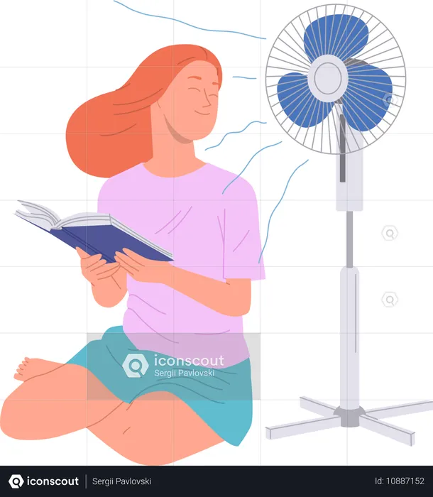 Jovem mulher relaxada lendo livro e se refrescando com ventilador elétrico  Ilustração