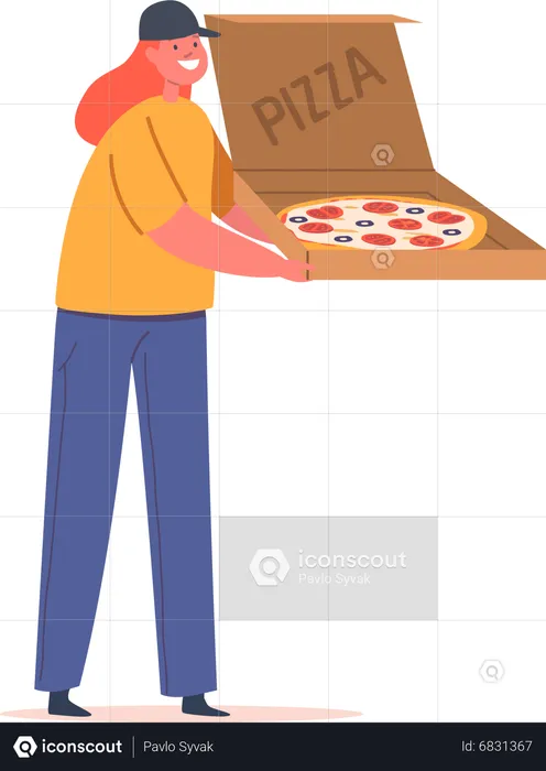 Menina segurando uma caixa de pizza  Ilustração