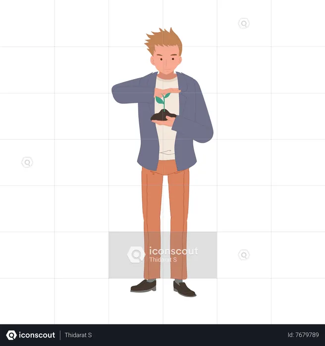 Jovem segurando um broto de árvore com terra na mão  Ilustração