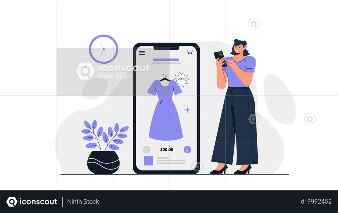 Moça selecionando vestido online  Ilustração