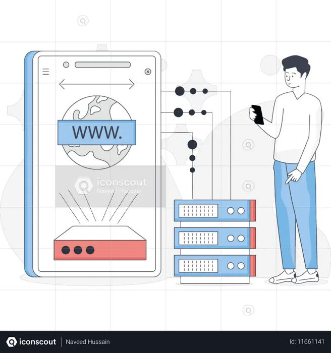 Jovem trabalha com hospedagem web  Ilustração