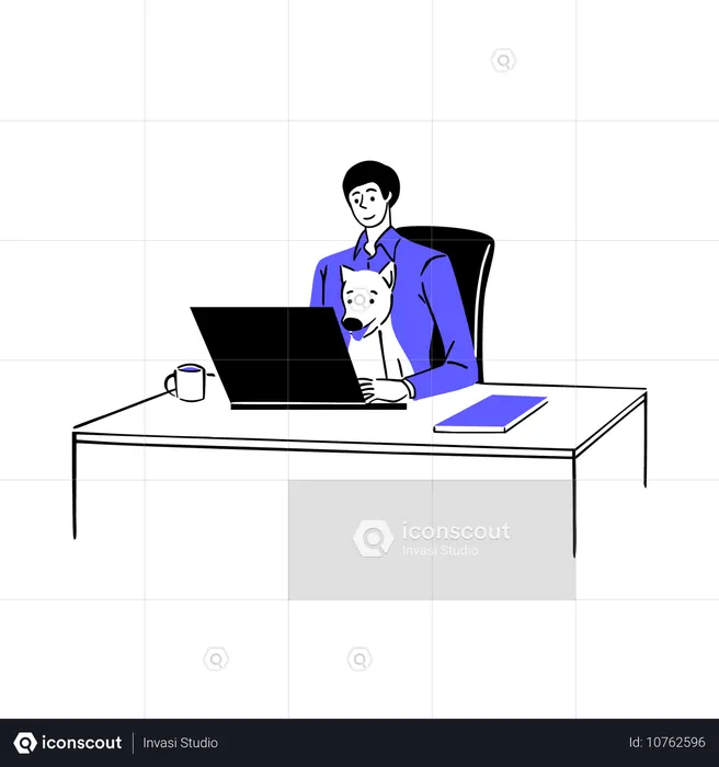 Jovem trabalhando em laptop com gato  Ilustração