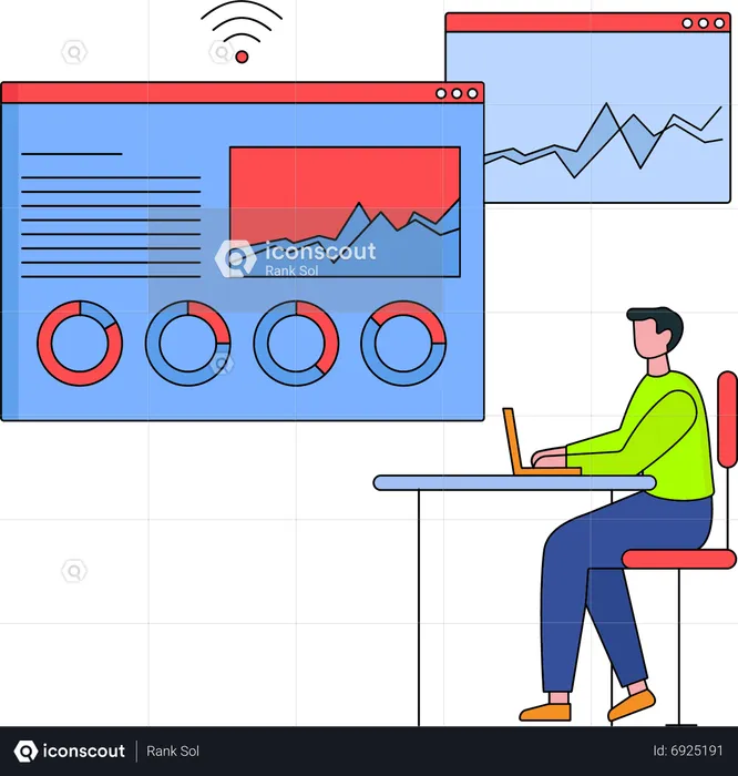 Jovem trabalhando na análise de dados  Ilustração