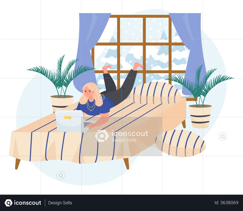 Jovem trabalhando no laptop enquanto estava deitado na cama  Ilustração