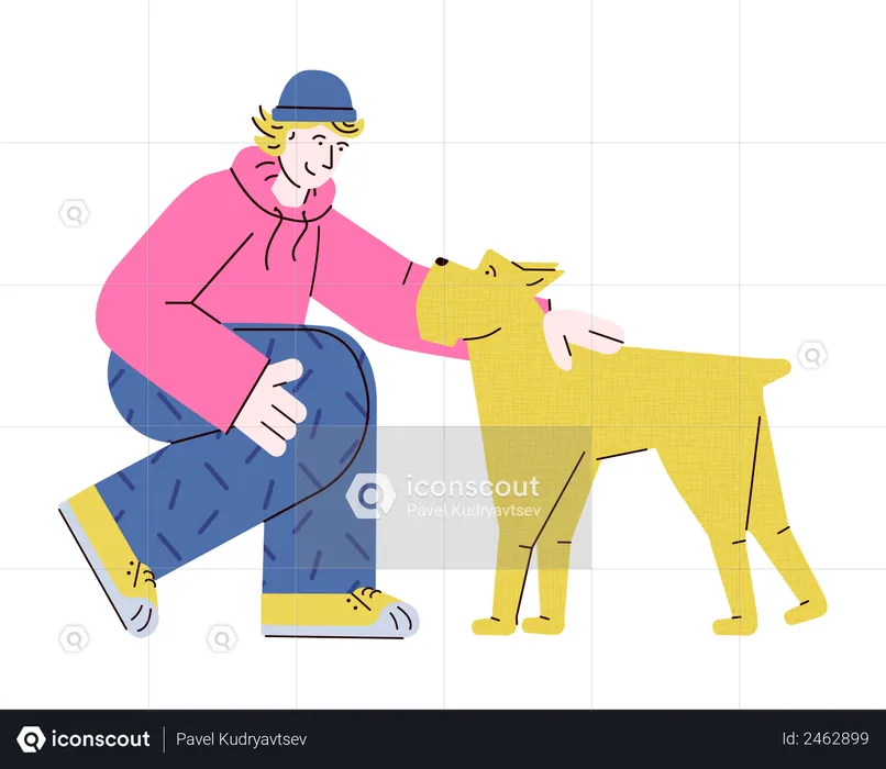Un joven adolescente acariciando a un perro amarillo  Ilustración