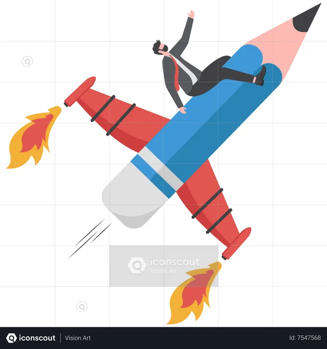 Hombre creativo adulto joven montando un cohete lápiz volando en el cielo  Ilustración