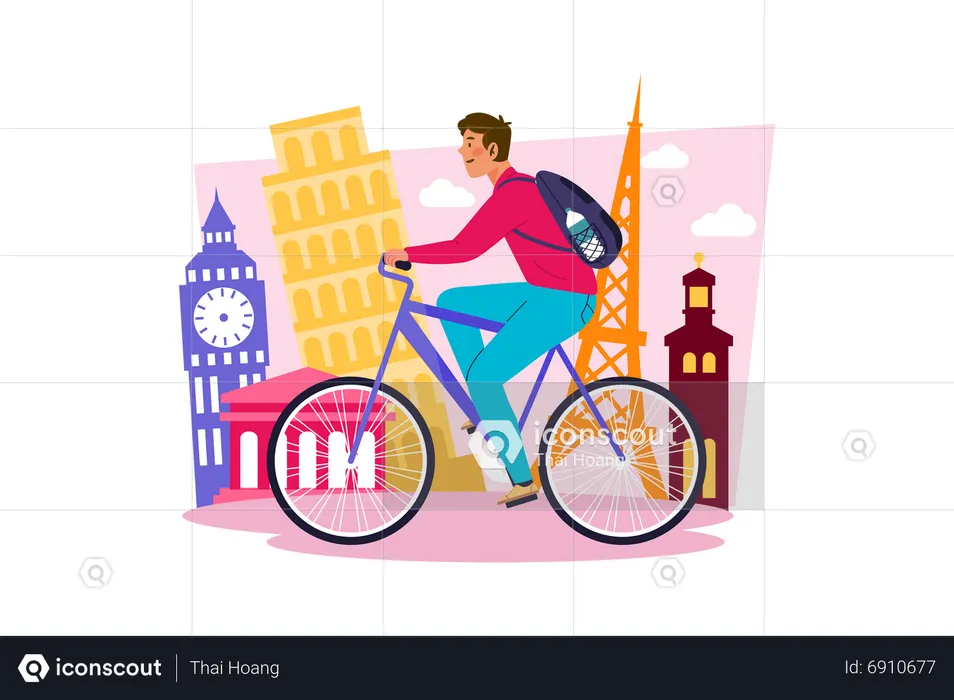 Joven alquilando bicicleta para explorar la ciudad  Illustration