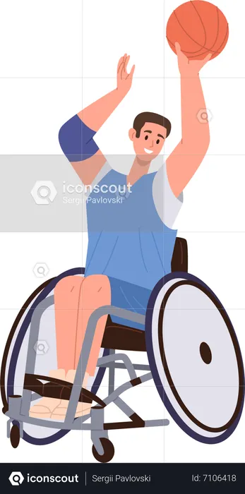 Joven atlético sentado en silla de ruedas jugando baloncesto  Ilustración
