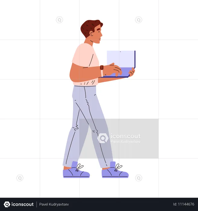 Joven autónomo caminando con confianza con una computadora portátil en las manos  Ilustración