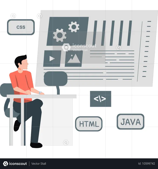 Joven revisando lenguaje de programación informática  Ilustración