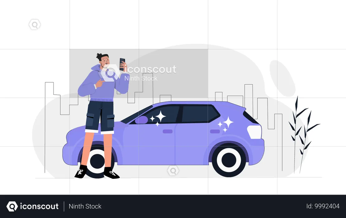 Joven comprobando el servicio de coche online  Illustration