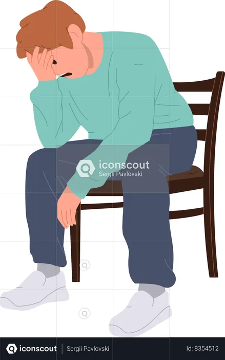Un joven deprimido sosteniendo la cabeza en la mano sentado en una silla  Ilustración